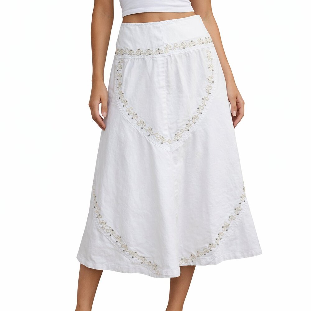 White Denim Skirt With Floral Embroidery